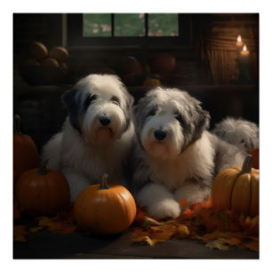 Pôster Sheepdog Inglês Puppy Autumn Delight Pumpkin