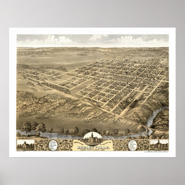 Poster Shelbyville, Mapa Panorâmico do IL - 1869 (Frente)