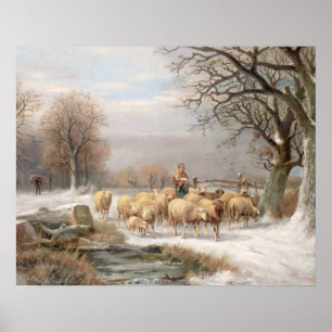 Pôster Shepherdess com seu rebanho em uma paisagem do