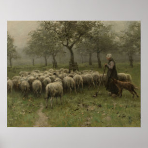 Poster Shepherdess com um rebanho dos carneiros, malva de