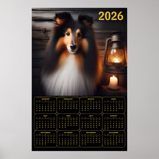 Poster Shetland Sheepdog Lantern Glow Rustic Dog Calendar (Frente)