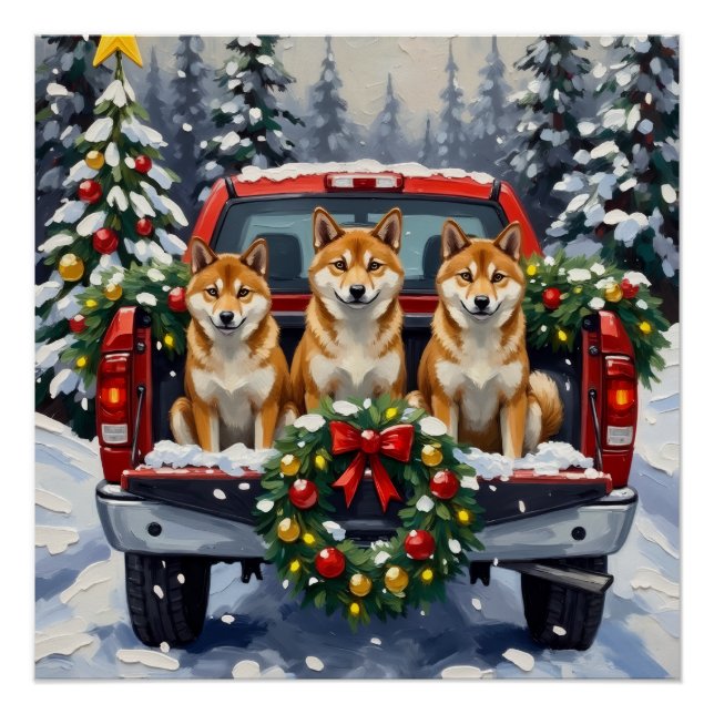 Pôster Shiba Inu Christmas Red Truck Holiday (Frente)