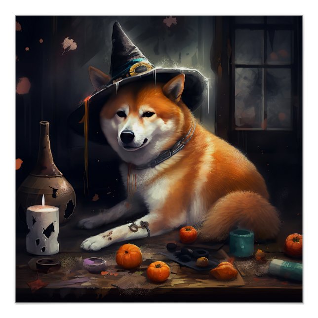 Pôster Shiba Inu Pumpkins Halloween Assustado (Frente)