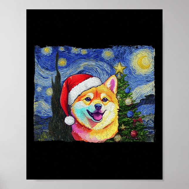 Poster Shiba Inu Santa Hat Cão de Arte da Noite Estrelada (Frente)