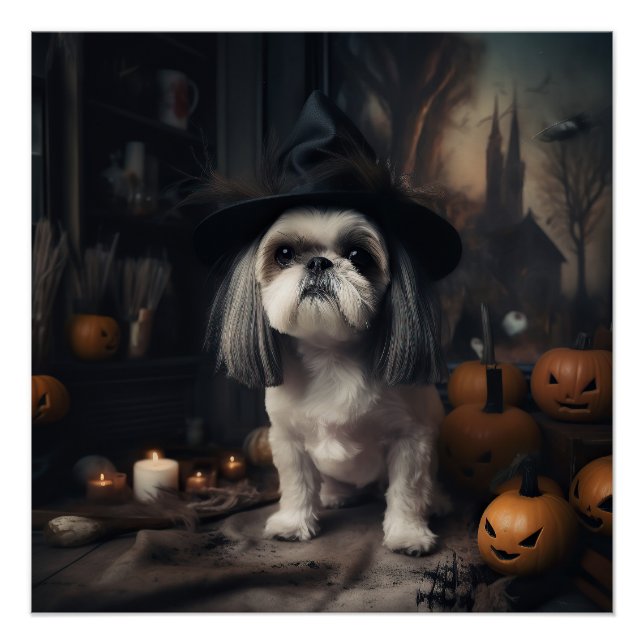 Pôster Shih Tzu Abóboras Halloween Assustador (Frente)