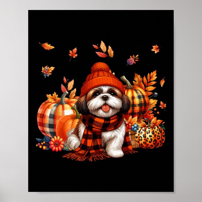Poster Shih Tzu Ação de Graças Folha de Leopardo Pumpkins (Frente)