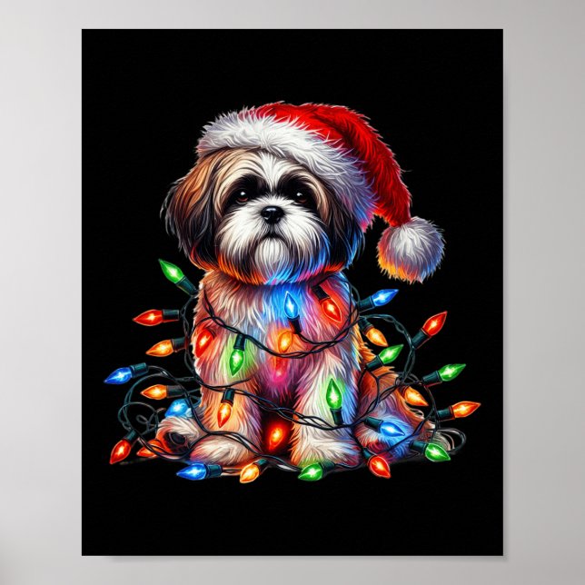 Poster Shih Tzu Christmas Luz Santa Hat Cão (Frente)