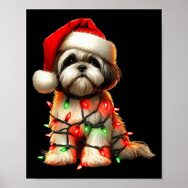 Poster Shih Tzu Dog Christmas Lights Santa Hat Dog Lover  (Frente)