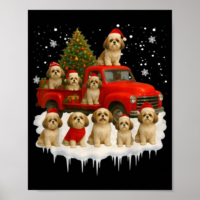 Poster Shih Tzu Dog Red Truck Christmas Tree Santa Ugly X (Frente)