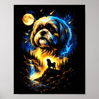 Poster Shih tzu howling to the moon vintage 90s funny dog