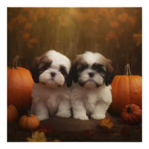 Pôster Shih Tzu Puppy Autumn Delight Pumpkin