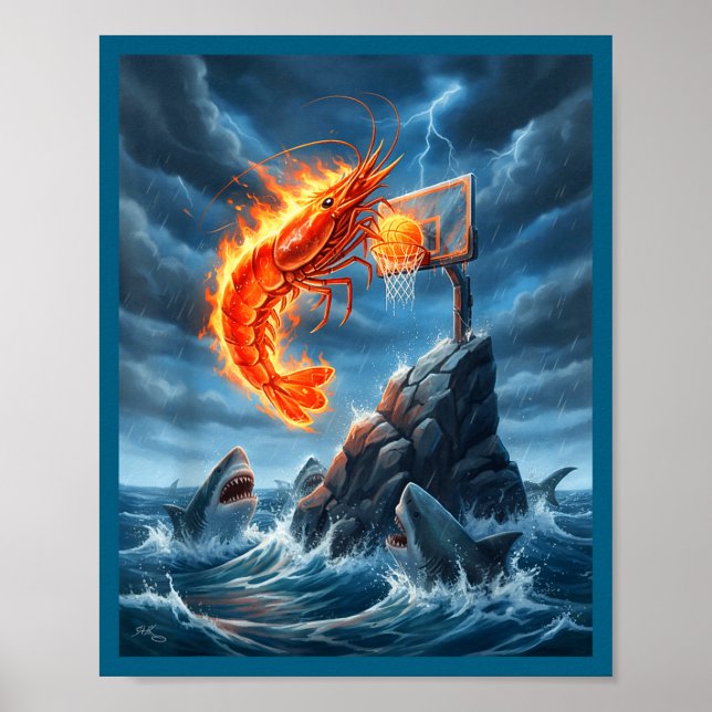 Poster Shrimp Dunking On Shark Funny Fishing Meme Basketb (Frente)
