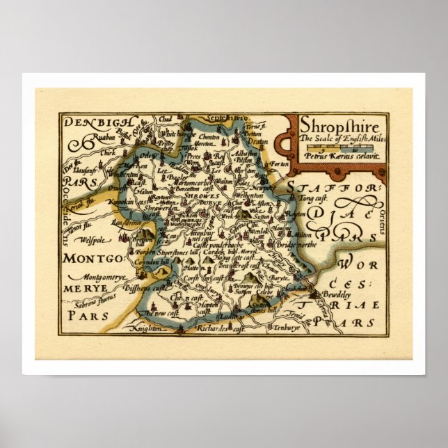 Poster Shropshire County England Antigo Mapa Antiquário (Frente)