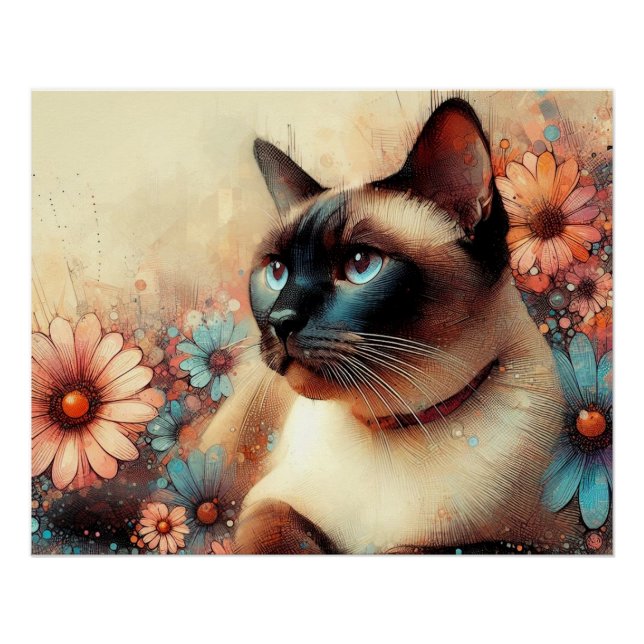 Pôster siamese cat and flowers (Frente)