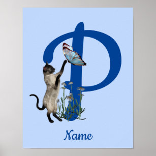 Poster Siamese Cat Butterfly Monograma Inicial P Seu Nome