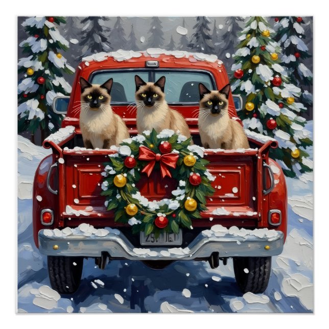 Pôster Siamese Cat Christmas Red Truck Holiday (Frente)