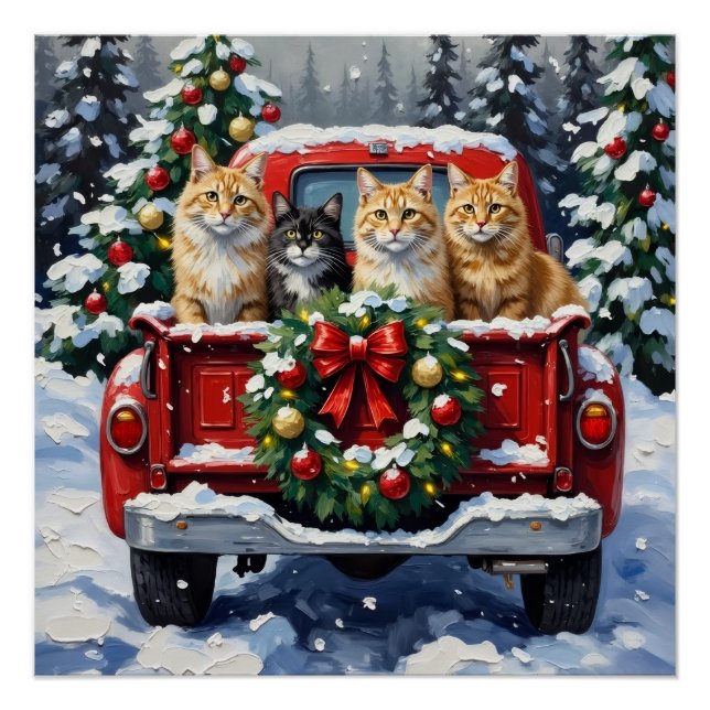 Pôster Siberian Cat Christmas Red Truck Holiday (Frente)