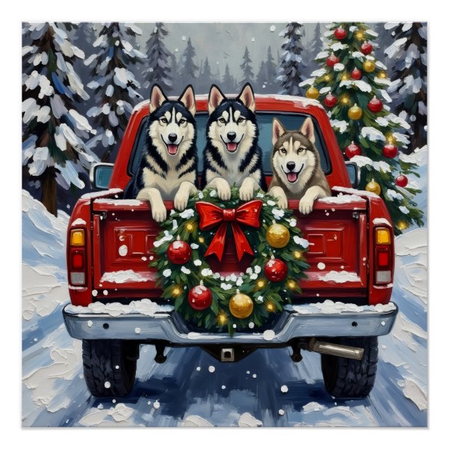 Pôster Siberian Husky Christmas Red Truck Holiday (Frente)
