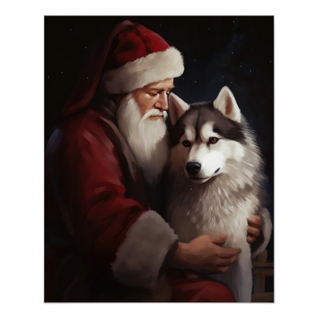 Pôster Siberian Husky com Papai Noel Natal Festivo (Frente)