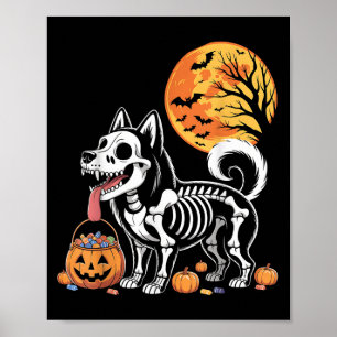 Poster Siberian Husky Dog Skeleton Y Pumpkin Moon Hallowe