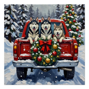 Pôster Siberian Husky Natal Caminhão Vermelho Férias