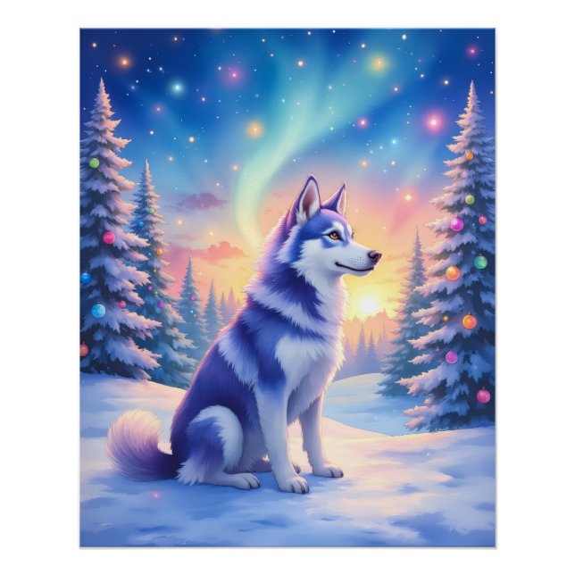Pôster Siberian Husky Northern Lights Christmas Winter (Frente)