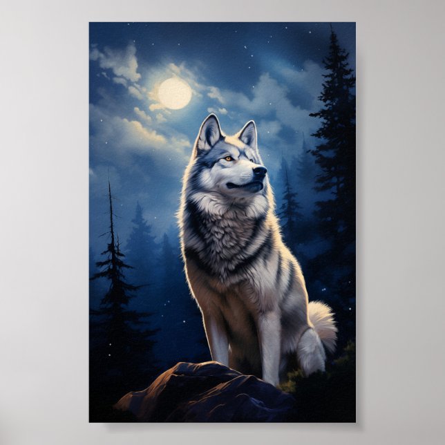 Poster Siberian Husky numa noite iluminada pela lua (Frente)