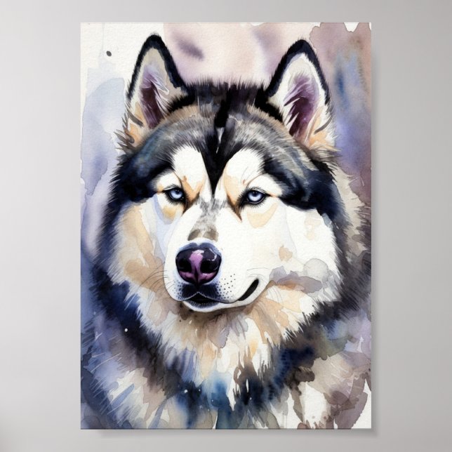 Poster Siberian Husky Portrait Watercolor Fine Art - Blue (Frente)