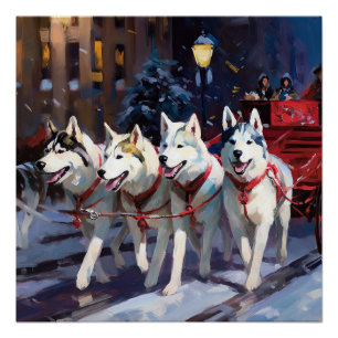 Pôster Siberian Husky Temporada Festiva de Natal