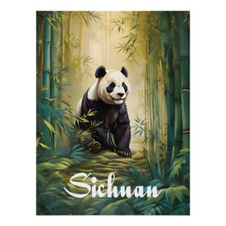 Pôster Sichuan China Panda Bamboo Forest Travel Poster