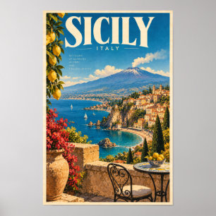 Poster Sicília Itália Vulcão Costeiro Cartaz de Viagem Pa