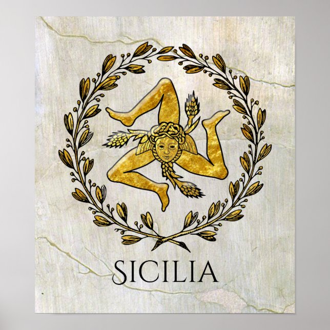 Poster Sicilian Trinacria Olive Wreath Seu Texto (Frente)