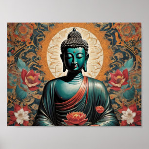 Poster Siddarta Gautama Buda em meditação com flores
