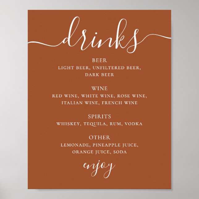 Poster Sienna Wedding Drinks Menu | Terracotta Bar Sign (Frente)