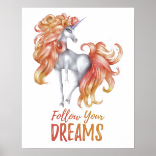 Poster Siga Seus Sonhos - Unicórnio Laranja e Branco
