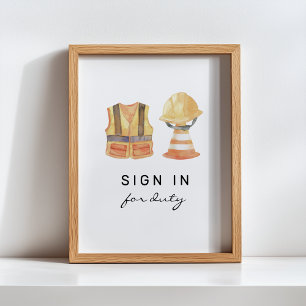 Poster Sign In for Duty Construction Birthday Sign