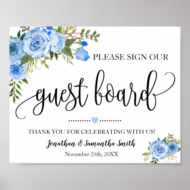 Poster Sign our Guest board wedding shower blue floral (Frente)