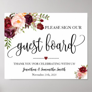 Poster Sign our Guest board wedding shower marsala floral
