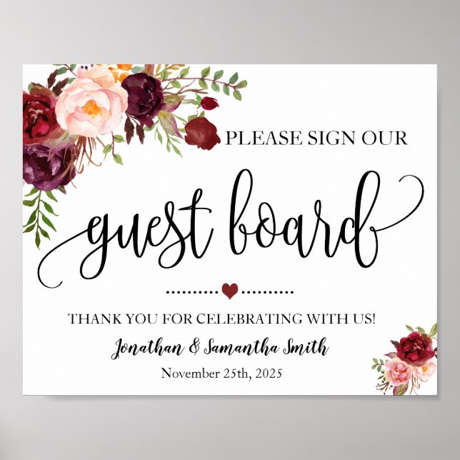 Poster Sign our Guest board wedding shower marsala floral (Frente)
