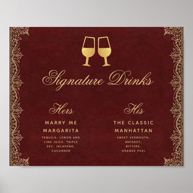 Poster Signature Bebe Sinal de Casamento Dourado Burgundy (Frente)