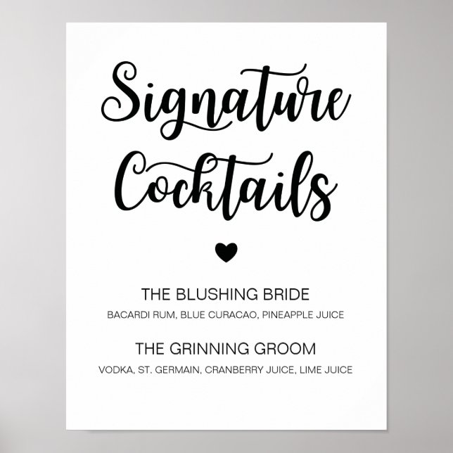 Poster Signature Cocktail Weding Sinal de Caligrafia Mode (Frente)