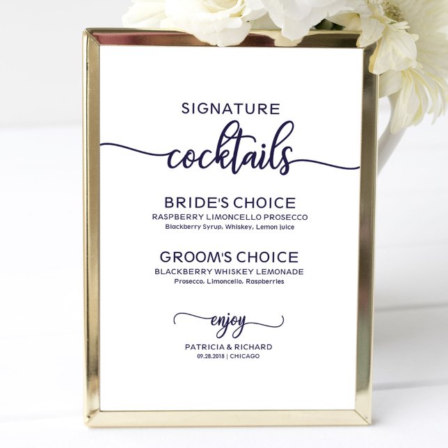 Poster Signature Cocktails Chic Marinho Blue Wedding Sign (Criador carregado)