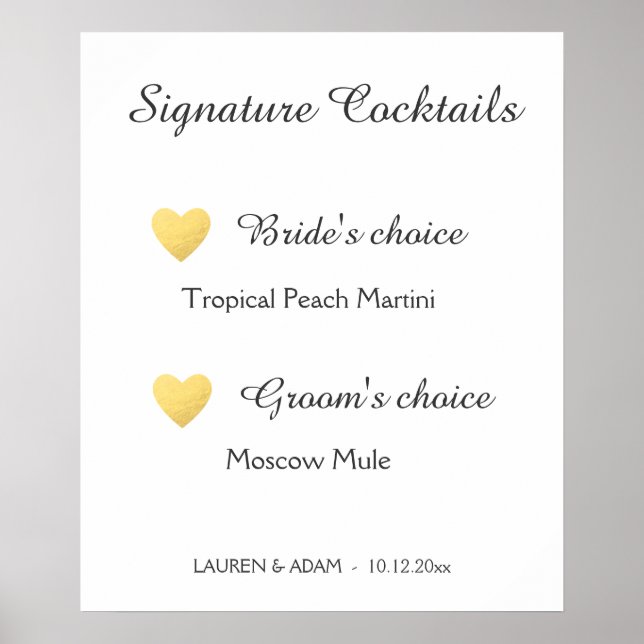 Poster Signature Cocktails, sinal de casamento, corações  (Frente)