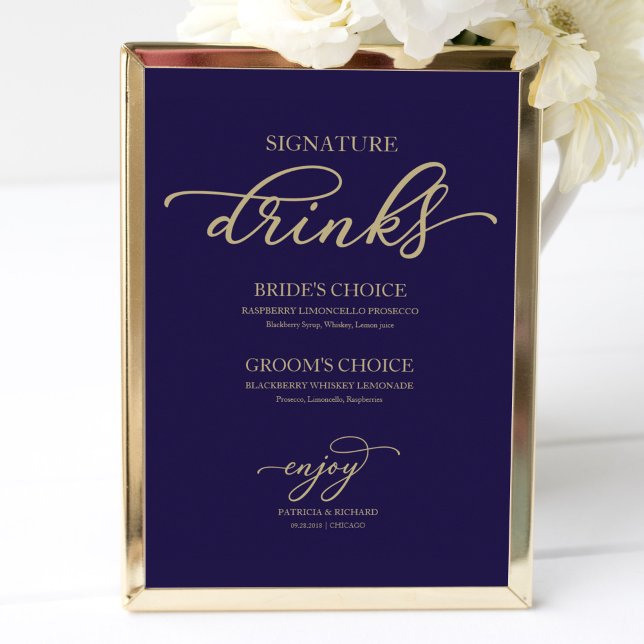 Poster Signature Drinks Chic Dourado Script Marinho Blue (Criador carregado)