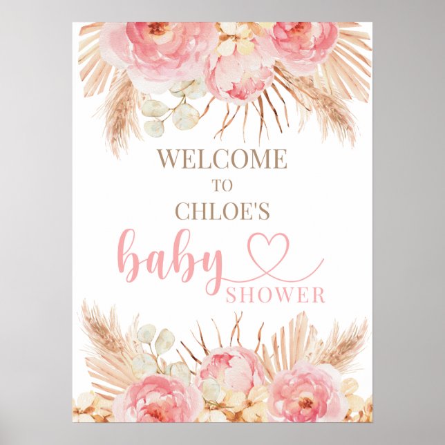 Poster Signo de bienvenida de Baby Shower del Boho rosa f (Frente)