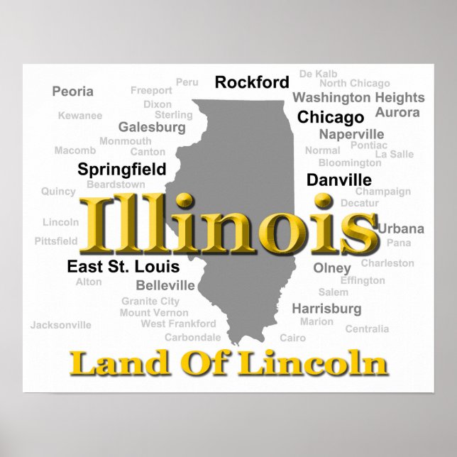 Pôster Silhouette do Mapa do Orgulho do Estado de Illinoi (Frente)