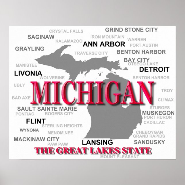 Pôster Silhouette do Mapa do Orgulho Estatal de Michigan (Frente)