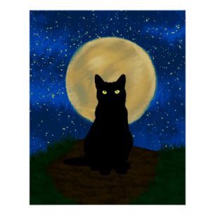 Pôster Silhouette Moonlit Black Cat Halloween