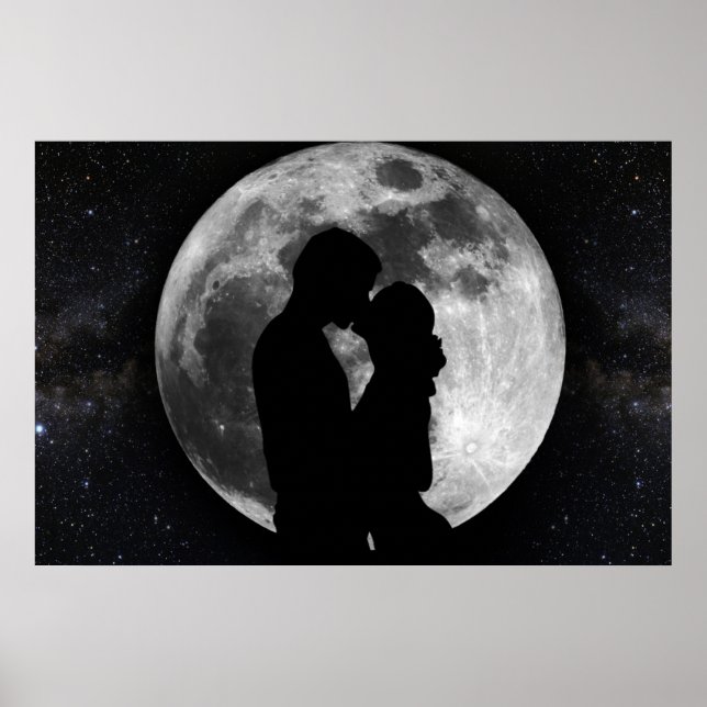 Pôster Silhouette of lovers in a full moon at night (Frente)