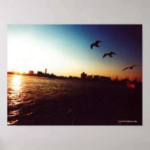 Poster Silhouetted Tokyo Bay skyline at sunset